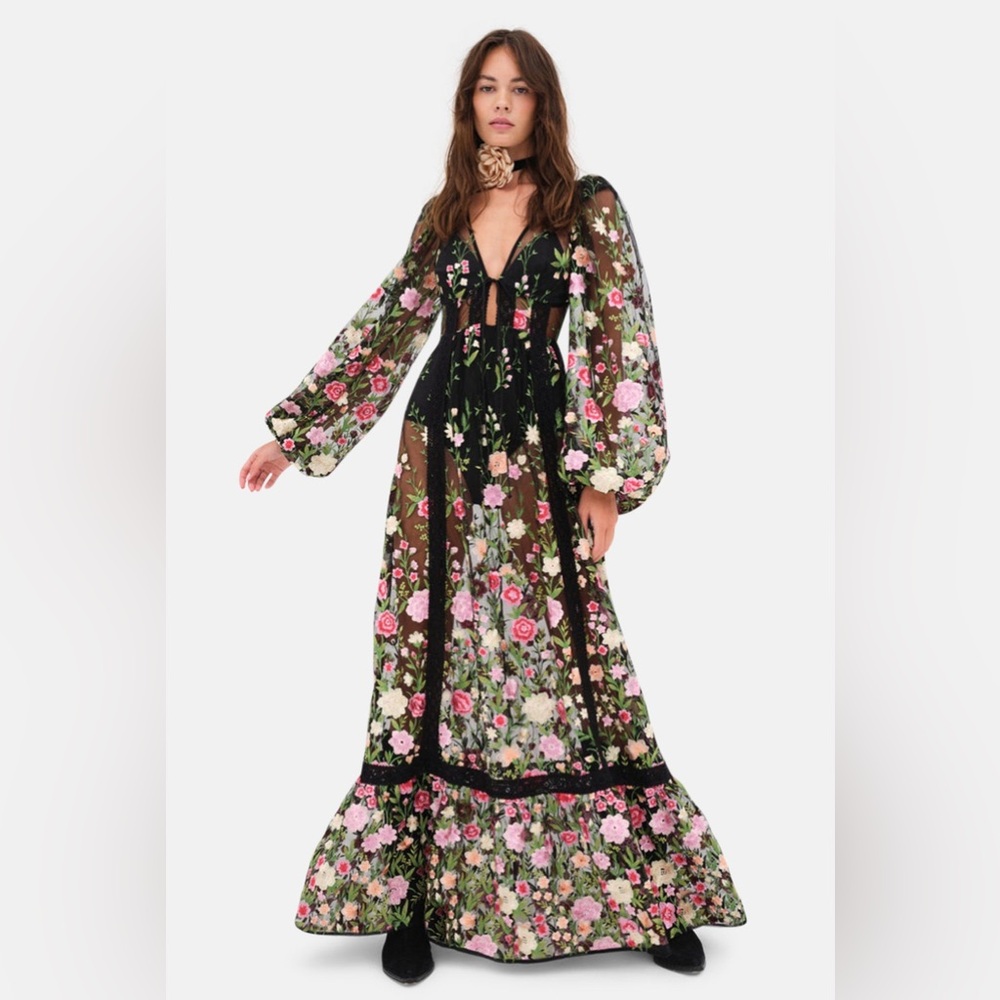 FOR LOVE & LEMONS Luna Black Embroidered Floral Maxi Dress Size XS NWT